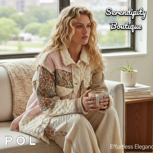 POL Coastal Bohemian Luxurious Quilted Jacquard Collared Button Up Comfy Jacket - Picture 1 of 16